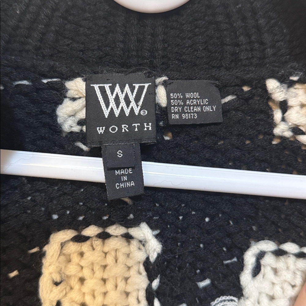 Worth Kaisley Wool Black and White Hi-Neck Snap Cardigan - Picture 2 of 4